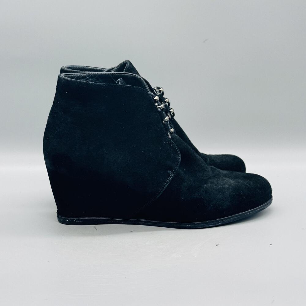 Stuart Weitzman Boots Womens 8 Black Suede Wedge Ankle Lace Up Booties Shoes